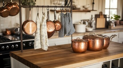 A detailed view of a farmhouse-style kitchen with a butcher block island, copper pots hanging from a rack, and vintage kitchen linens