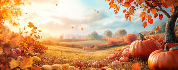 A serene autumn landscape with vibrant leaves and pumpkins under a golden sunset, creating a picturesque fall scene.