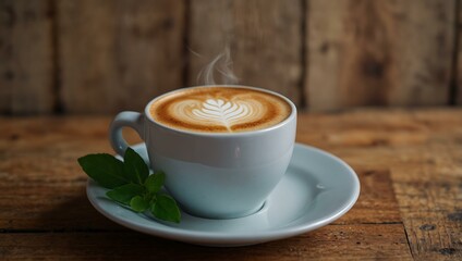 Wall Mural - Warm latte in a ceramic cup with greenery on a wooden table.