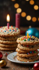 Sticker - Warm cookie with a birthday candle, surrounded by festive decorations.