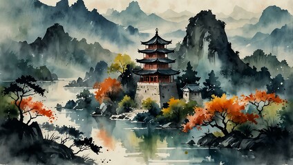 Wall Mural - Watercolor illustration of a traditional Chinese landscape with pagodas and mountains in sumi-e style.