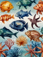 Wall Mural - Watercolor Sea Life Collection