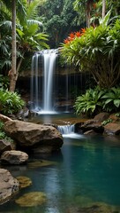 Sticker - Waterfall in a tropical garden.