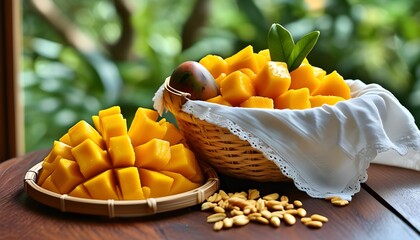 Mangoes in a Rustic White Cloth Basket on a Wooden Table Surrounded by Nature