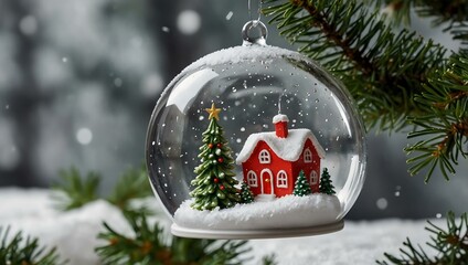 Wall Mural - Whimsical Christmas tree in a snow globe hanging from a fir branch for holiday decor.