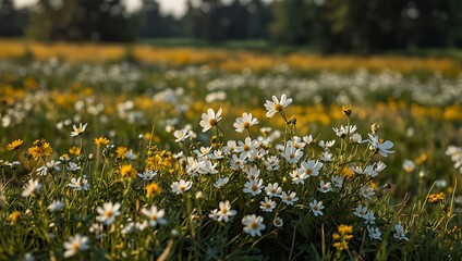 Wall Mural - White and yellow wildflowers in a field.