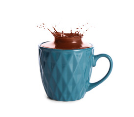 Canvas Print - Splash of sweet hot chocolate in cup on white background