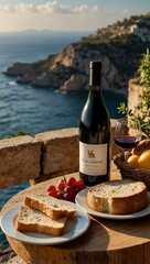 Wall Mural - Wine, bread, and cheese set against a beautiful Mediterranean backdrop.