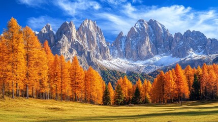 Autumn landscape with symmetrical mountain and colorful meadows