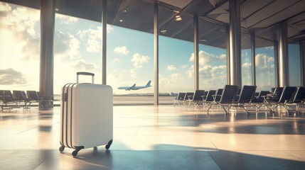 An airport terminal waiting room and departure and arrival hallway show a pair of suitcases. The concept is travel.