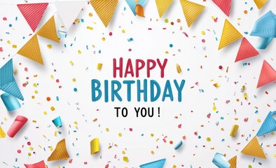 Sticker - Happy birthday card with colorful flags and confetti on a white background 