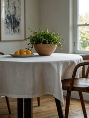 Poster - Worn White Linen Tablecloth on Modern Dining Table