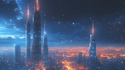 Aufkleber - A vibrant city skyline at night features towering skyscrapers reflecting radiant lights, creating a striking contrast against the star-filled sky.