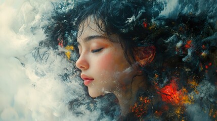 Wall Mural - Dreamy Portrait: Woman in a World of Smoke and Fire