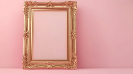 Poster - An ornate gold-framed picture frame is positioned upright on a smooth pastel pink backdrop, creating a stylish and modern display. The frame is currently unfilled, inviting creativity