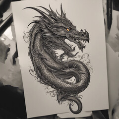 Canvas Print - textured dragon tattoo illustration