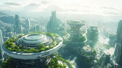 Aufkleber - A spectacular view of a futuristic city with lush green terraces and biodomes nestled in the mountains, showcasing a harmonious blend of nature and technology.