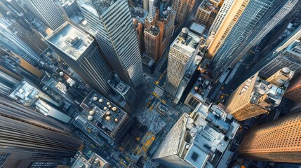 An aerial view of a bustling urban cityscape, fast-paced lifestyle and dynamic energy of metropolitan living, with skyscrapers and traffic below.