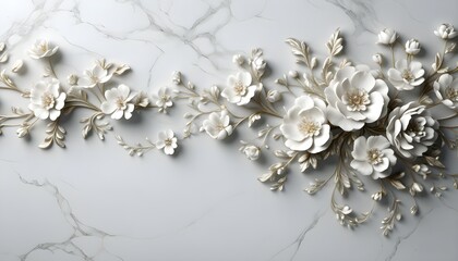 Elegant 3D Floral Wall Painting Featuring White Flowers on Light Grey Background with Ornate Vintage Luxury Details