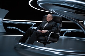 The Man in the Metal Chair:  A powerful and enigmatic figure sits in a futuristic chair surrounded by sleek, metallic structures, his gaze intense and inscrutable.