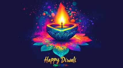 Illustration of Diwali festival Diya Lamp with rangoli at the bottom, vibrant colors, text 