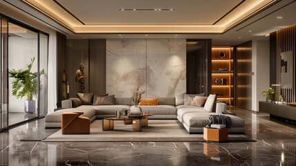 Wall Mural - a living room with a marble floor and a large couch