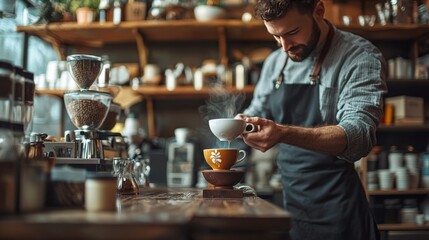 Sticker - A barista pours hot water into a coffee cup while preparing a coffee drink.