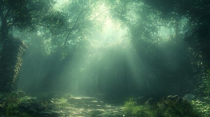 Wall Mural - Enchanted Forest Path with Sunbeams