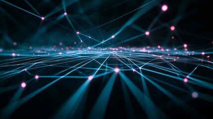 Poster - A striking display of interconnected light beams forms geometric shapes against a deep black backdrop, with vibrant blue and pink elements creating a captivating visual effect