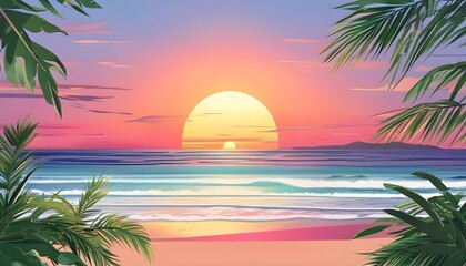 tropical beach sunset in flat landscape style with vibrant colors and serene seascape illustration