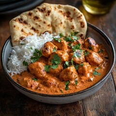 Canvas Print - A bowl of chicken tikka masala with white rice and naan bread.