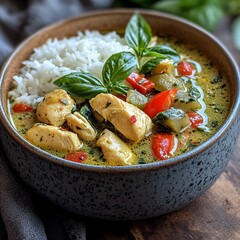 Canvas Print - A bowl of green curry with chicken, red bell pepper, zucchini, and basil, served with white rice.