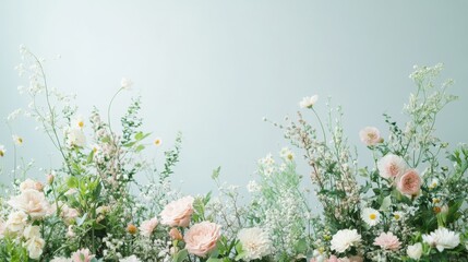 Poster - The composition showcases a beautiful array of blooming flowers and lush greenery against a soft pastel background, creating a tranquil and inviting springtime ambiance