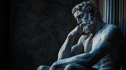 The statue of a Greek god, made from gray stone, captures a moment of deep contemplation, highlighting intricate details and a tranquil ambiance