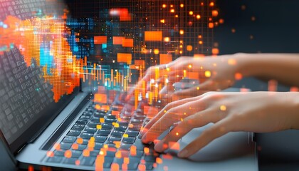 Illuminated orange hand interacting with a laptop keyboard alongside an advanced digital interface displaying graphs and data