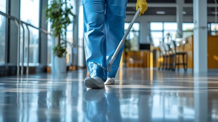 A person in blue cleaning attire mops a shiny floor in a bright, modern indoor space.