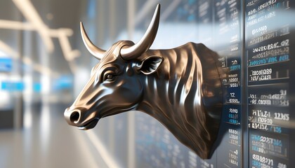 Bronze bull head sculpture symbolizing financial growth and market trends against stock market data wall in a vibrant finance environment