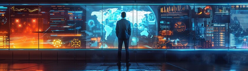 A person observes a futuristic display with global data and vibrant visuals, blending technology and digital analysis.