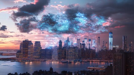Poster - A cloud of data is projected onto a city skyline by AI generated image