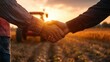 © Johannes - agribusiness handshake business deal agreement between businessman and farmer, purchase sell tractor farm machinery equipment, partnership cooperation collaboration in agriculture business.
