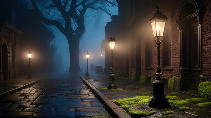 Poster - A dark street with a tree in the middle and three street lamps