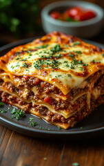 Wall Mural - A large lasagna with meat and cheese on a plate. The dish is topped with parsley and tomatoes