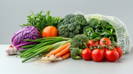 Wall Mural - Fresh assortment of colorful vegetables on a light grey background