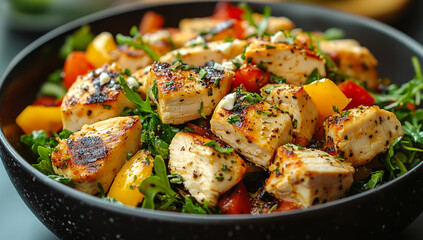 Wall Mural - A black bowl filled with chicken and vegetables. The chicken is cut into small pieces and the vegetables are chopped up. The bowl is placed on a table