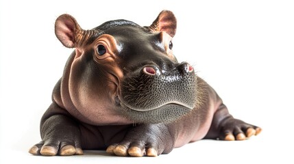 Cute baby hippo lying on its belly, looking up with a curious expression. Its small ears and round snout add to its innocence, highlighted against a simple white background.