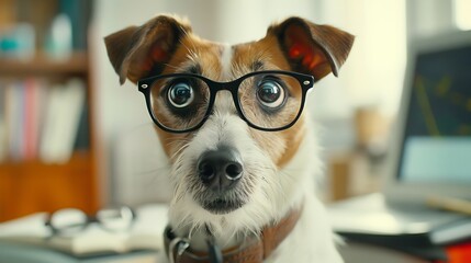 Wall Mural - A dog wearing glasses, looking surprised and curious in a cozy indoor setting.