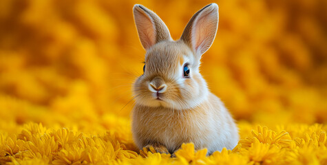 A small rabbit is sitting on a yellow flower bed. The rabbit is looking at the camera with its eyes closed