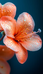 Wall Mural - A close up of a flower with droplets of water on it. The flower is orange and has a lot of detail