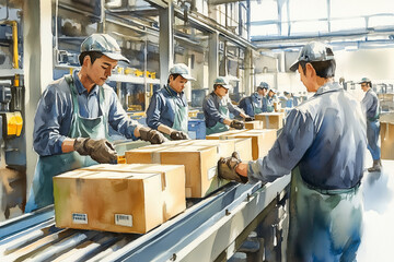 Watercolor painting of workers loading goods into boxes along a conveyor belt in a factory.