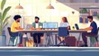 © Johannes - Coworking space with people sitting at the table. Male and female freelancers sitting at computers. Business team working together at the big desk using laptops. Colleagues in office flat vector illus